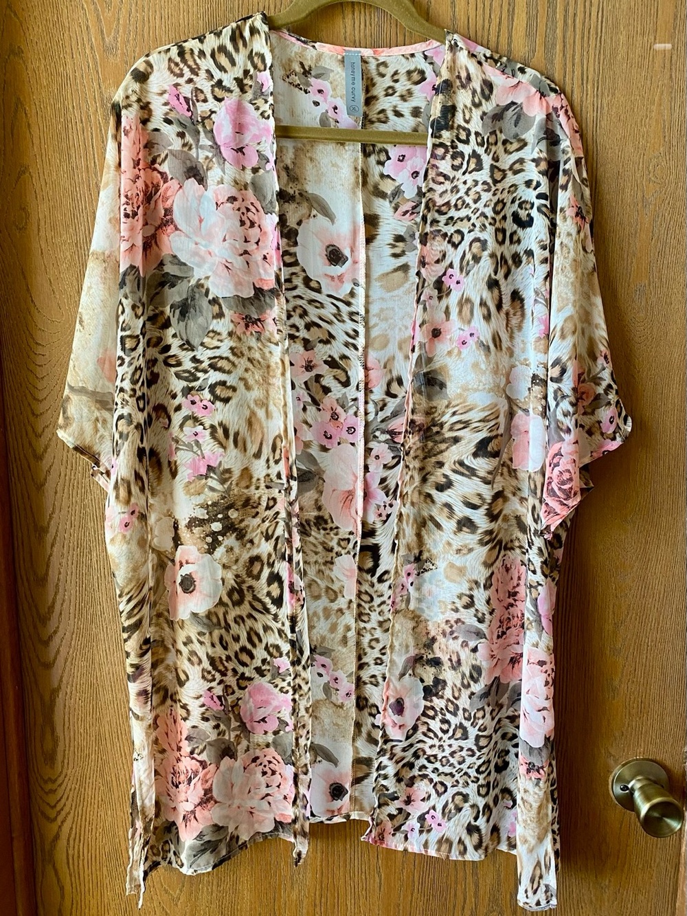 Honeyme Leopard & Coral and Pink Floral Kimono, Sz XL